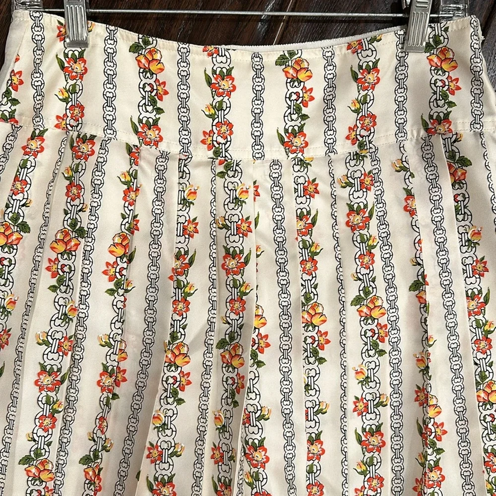 Tory Burch Cream Floral Stripe Pleated Midi Skirt